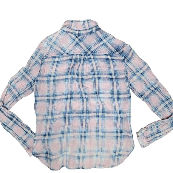 Side Stitch Plaid Button-Up Shirt M 100% Cotton  Pink & Blue light knit fall - Picture 4 of 6